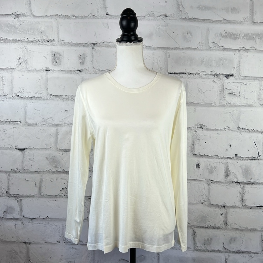Saks Fifth Avenue Long Sleeve Cotton Crew Neck Shirt Ivory Cream Egret